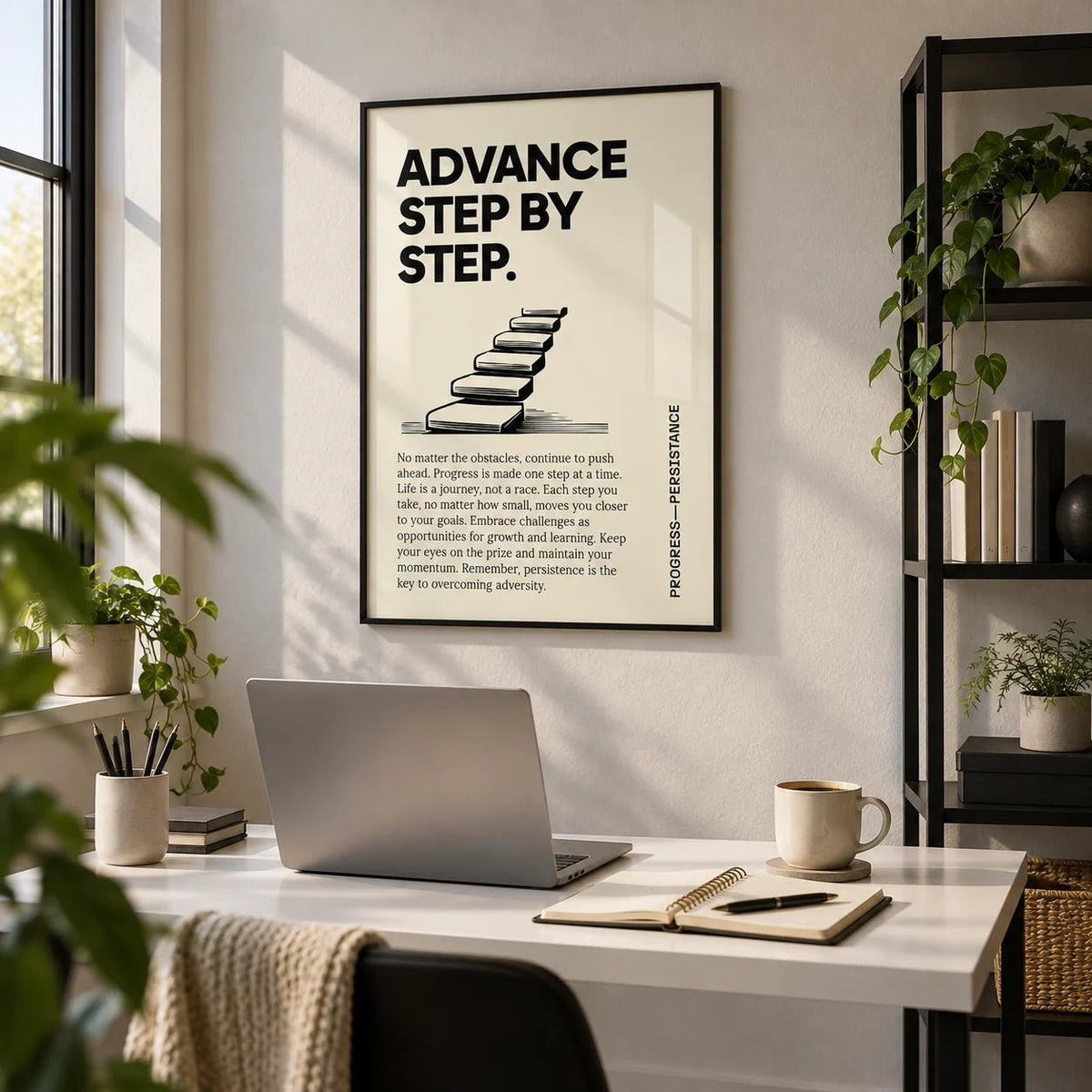 Poster of Motivation, framed on the wall of a small business studio in a home office