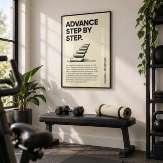 Poster of Motivation, framed on the wall of a small home gym in a spare room