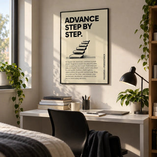 Poster of Motivation, framed on the wall of a tidy uni room (18-21) in a bedroom