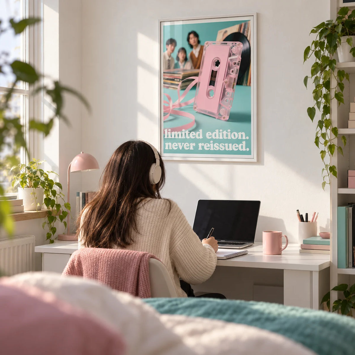 Poster Vintage Music, framed on the wall of a bright uni room (18-21) with a white wall in a bedroom