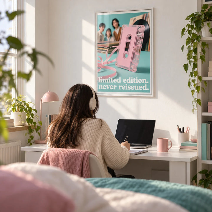 Poster Vintage Music, framed on the wall of a bright uni room (18-21) with a white wall in a bedroom