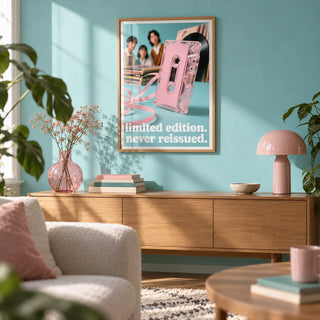 Poster Vintage Music, framed on the wall of a first-flat living room (22-28) with a plain turquoise painted wall