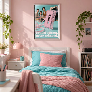 Poster Vintage Music, framed on the wall of a pretty teenage girl's bedroom (14-17) with a plain soft pink wall
