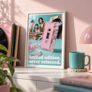 Poster Vintage Music, a small A4 framed print leaning on a white shelf in a living room