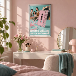 Poster Vintage Music, framed on the wall of a young adult's dressing area with a pale pink wall