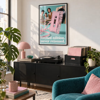 Poster Vintage Music, framed on the wall of a young adult's record corner in a city flat with a white wall in a living room