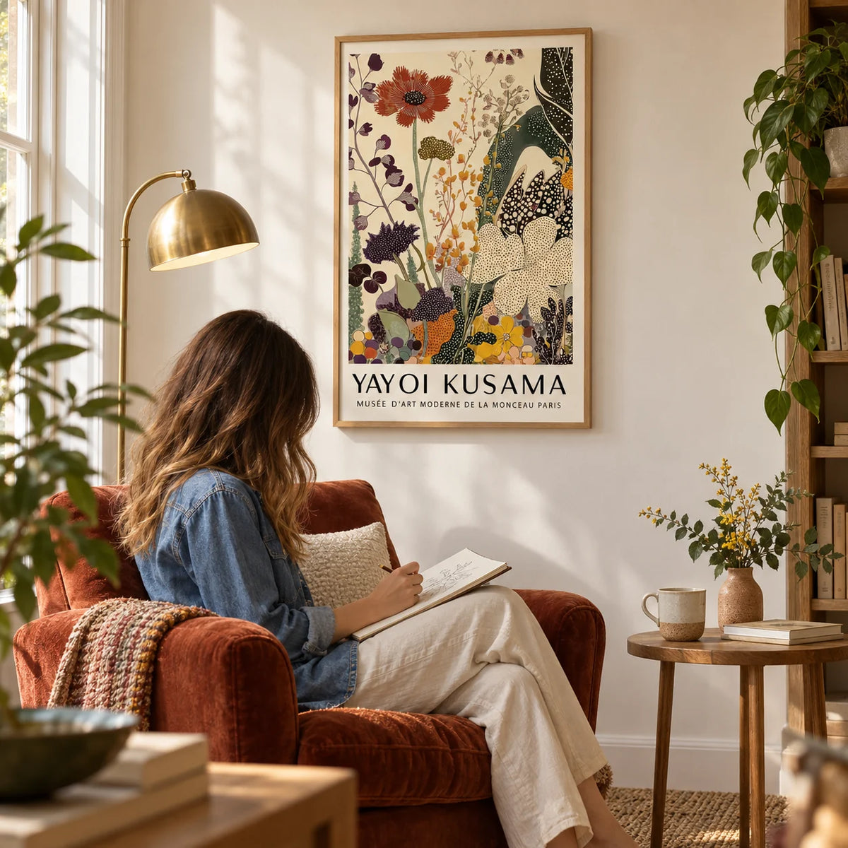 Poster Yayoi Kusama, framed on the wall of a reading corner in a terraced house with a warm white wall in a living room