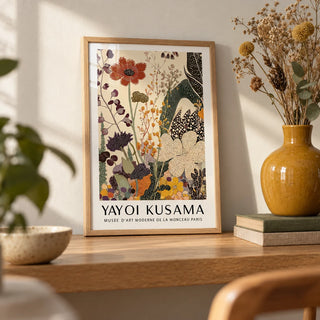 Poster Yayoi Kusama, a small A4 framed print leaning on an oak shelf in a living room