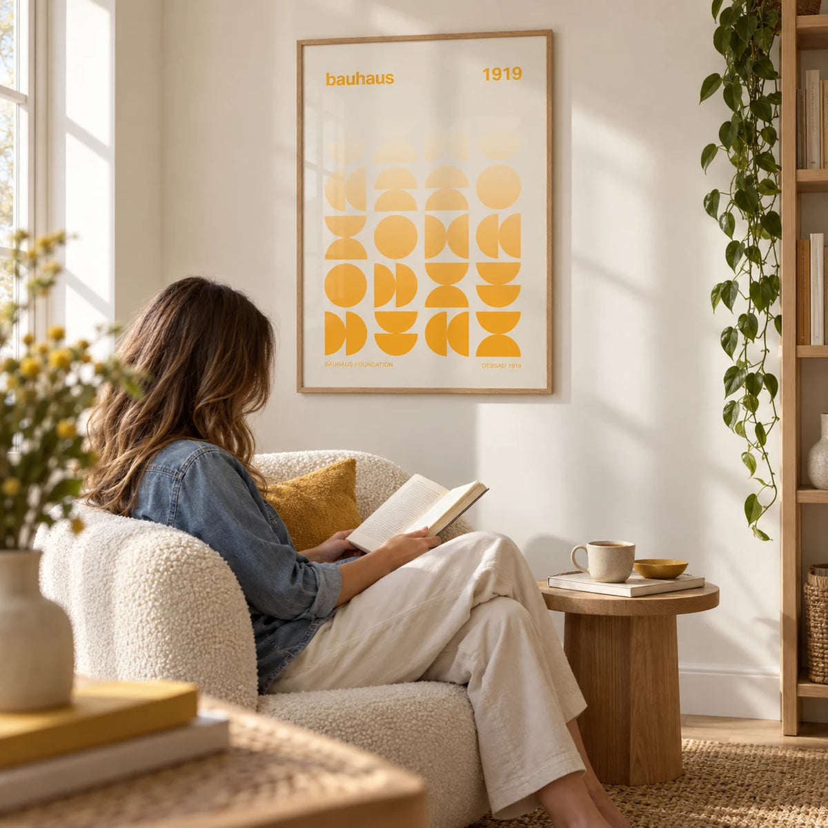 Posters Bauhaus, framed on the wall of a bright reading corner with a cream wall in a living room