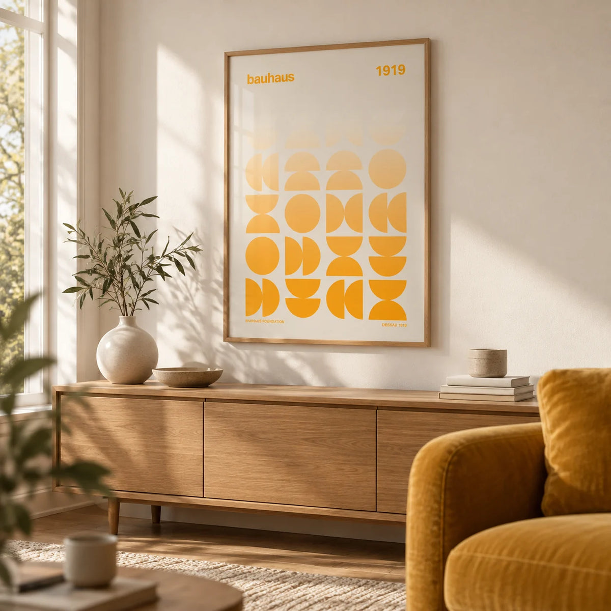 Posters Bauhaus, framed on the wall of a calm modern living room with a warm white wall