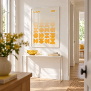 Posters Bauhaus, framed on the wall of a crisp white hallway with a pale oak floor