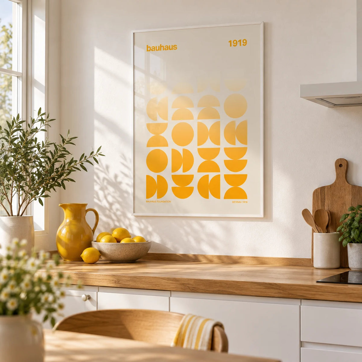Posters Bauhaus, framed on the wall of a crisp white kitchen with an oak worktop
