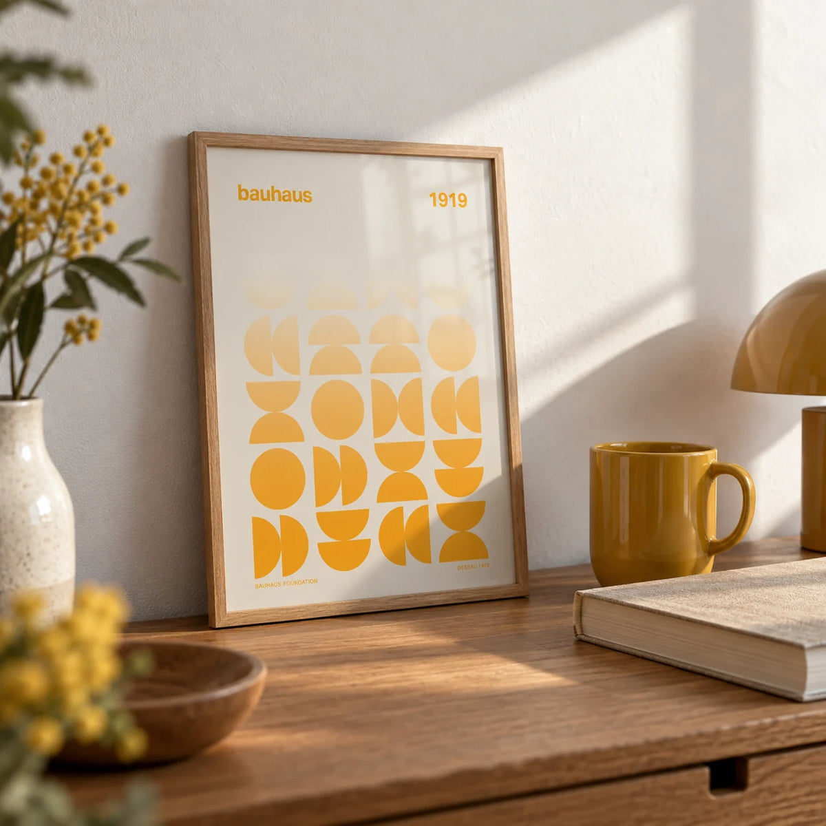 Posters Bauhaus, a small A4 framed print leaning on an oak desk