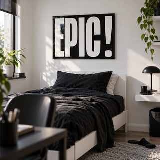 Posters Bold Font, framed on the wall of a bold single bedroom for a teenage boy (13-17) with a white wall
