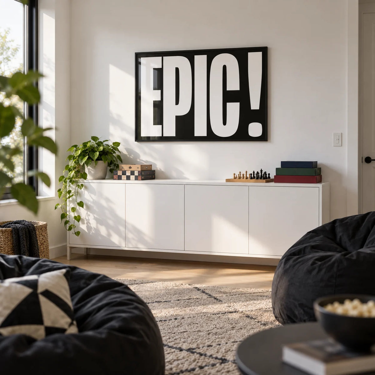 Posters Bold Font, framed on the wall of a games room in a family home with a white wall in a living room