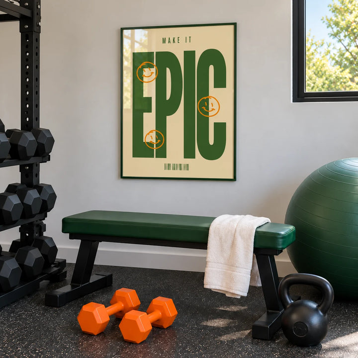 Posters Bold Font, framed on the wall of a home gym with a green bench