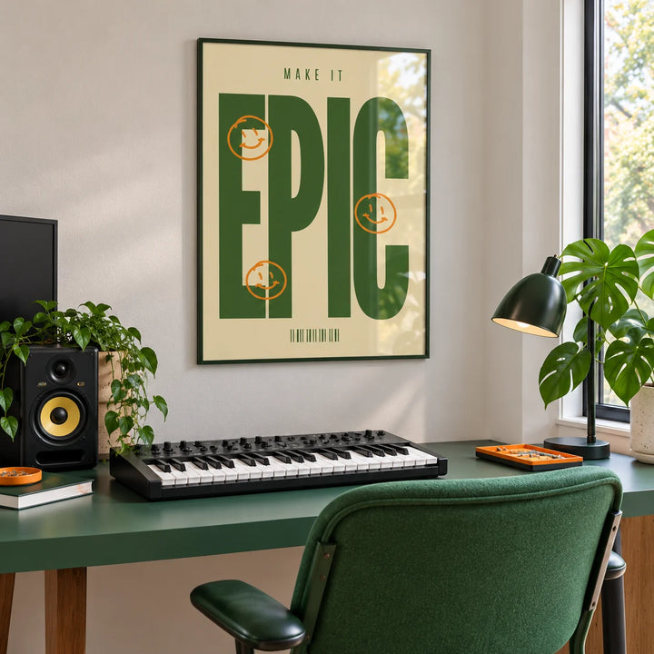 Posters Bold Font, framed on the wall of a home music production studio in a home office