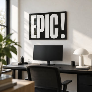 Posters Bold Font, framed on the wall of a modern home office with a white wall