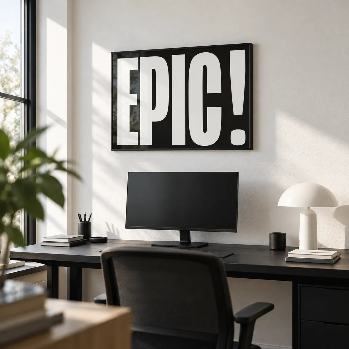 Posters Bold Font, framed on the wall of a modern home office with a white wall