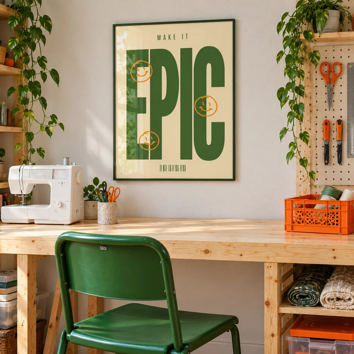 Posters Bold Font, framed on the wall of a sewing and maker room