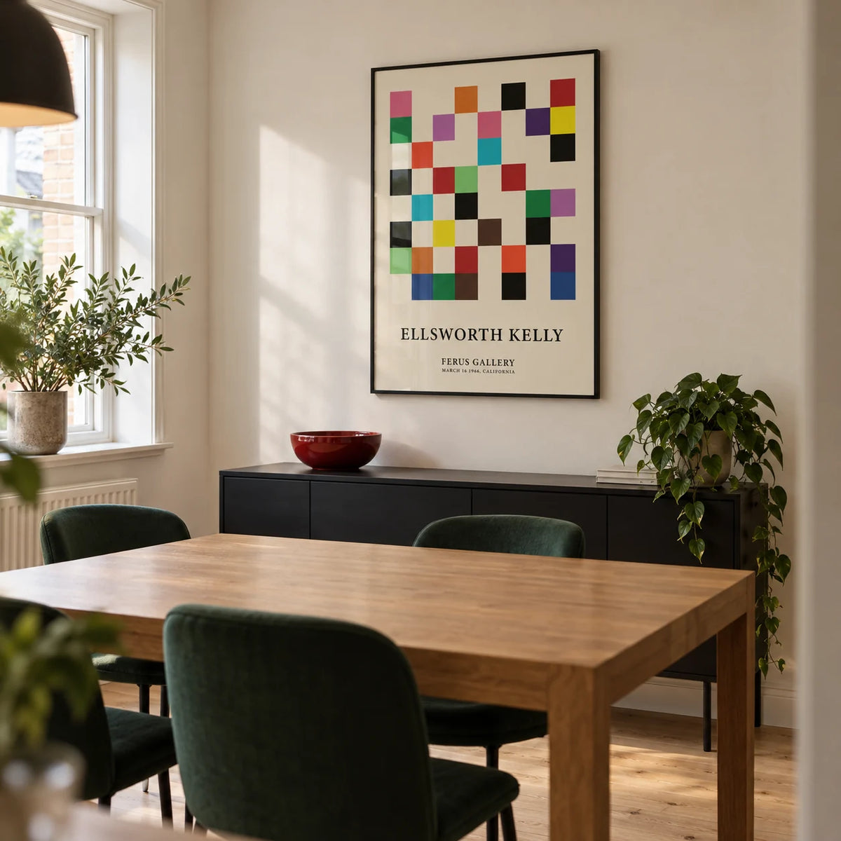 Posters for Office, framed on the wall of a compact modern dining room in a UK terraced house with a warm white wall and pale timber floor