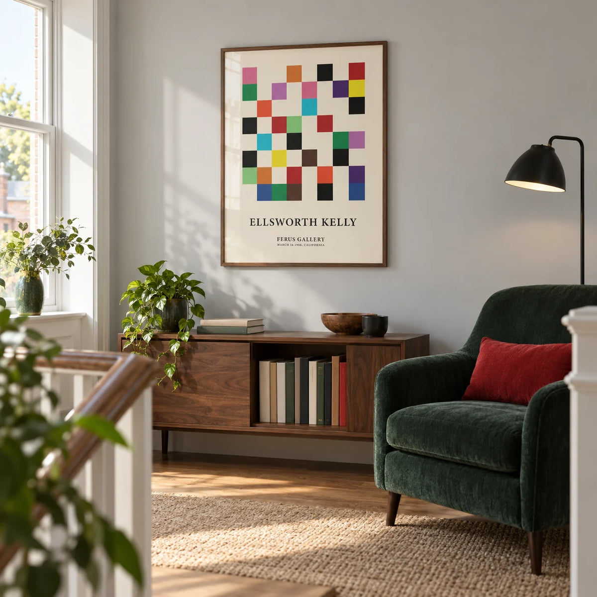 Posters for Office, framed on the wall of a dedicated reading corner on a spacious landing in a modern UK townhouse with a pale grey wall in a living room