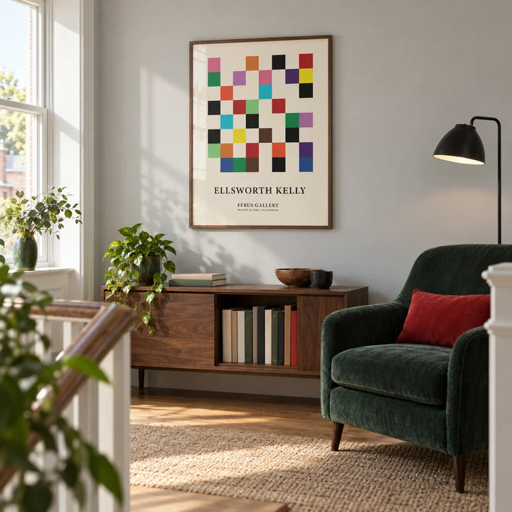 Posters for Office, framed on the wall of a dedicated reading corner on a spacious landing in a modern UK townhouse with a pale grey wall in a living room