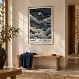 Posters from Japan, framed on the wall of a calm Japandi entrance hall with a warm white wall