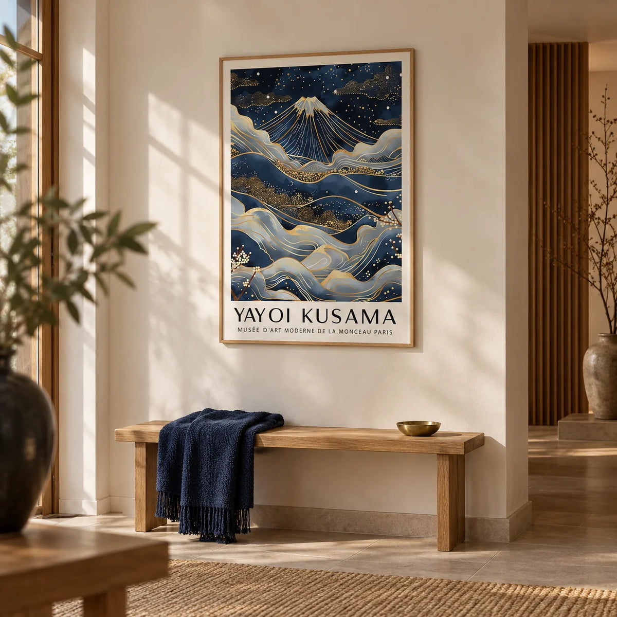 Posters from Japan, framed on the wall of a calm Japandi entrance hall with a warm white wall