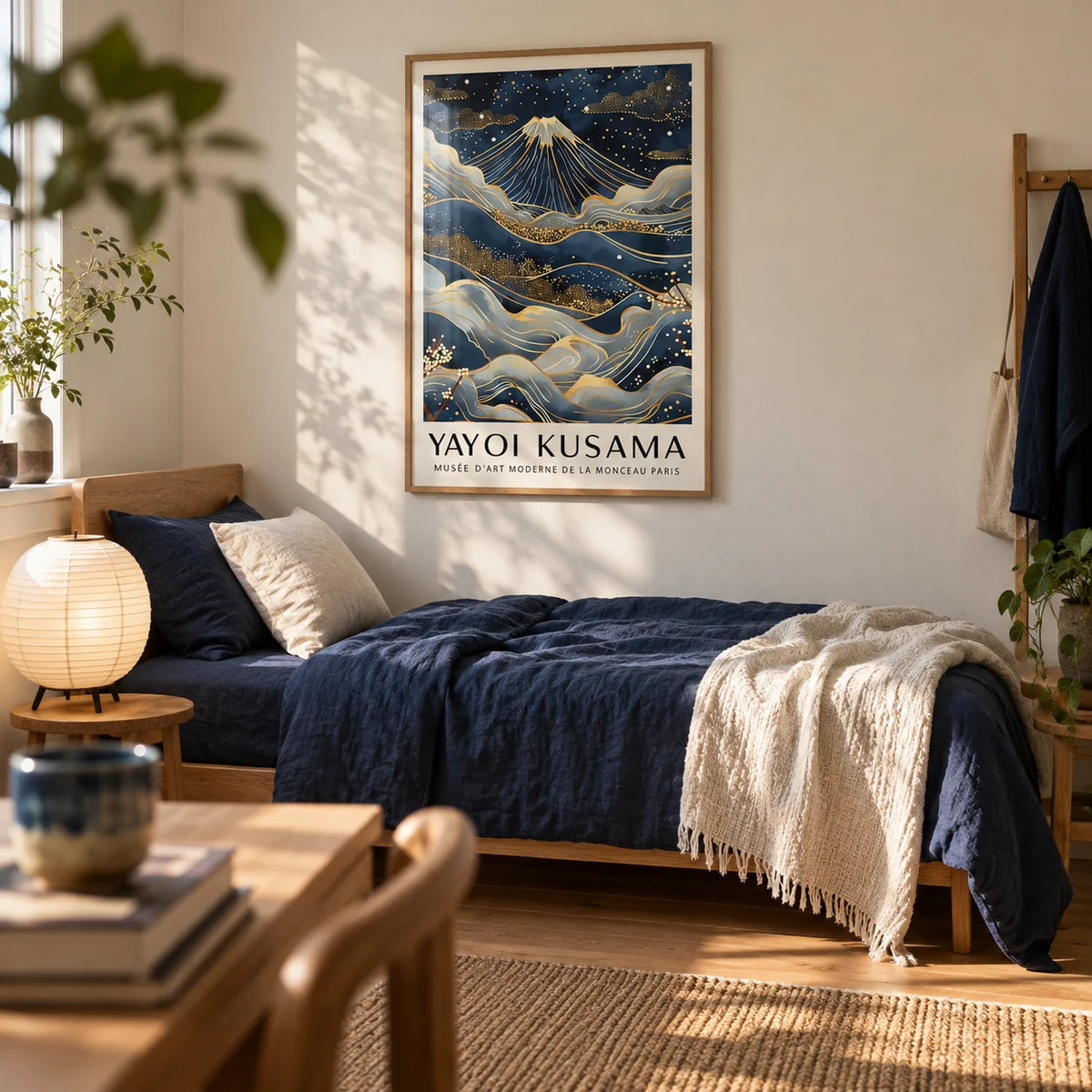 Posters from Japan, framed on the wall of a calm Japandi single bedroom in a first flat (22-28) with a cream wall