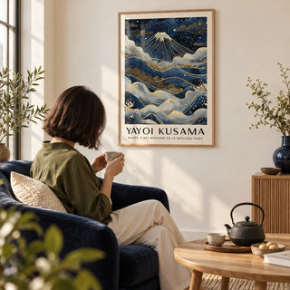 Posters from Japan, framed on the wall of a quiet tea corner with a cream wall in a living room