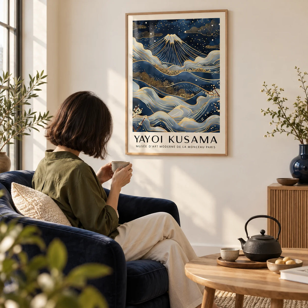 Posters from Japan, framed on the wall of a quiet tea corner with a cream wall in a living room