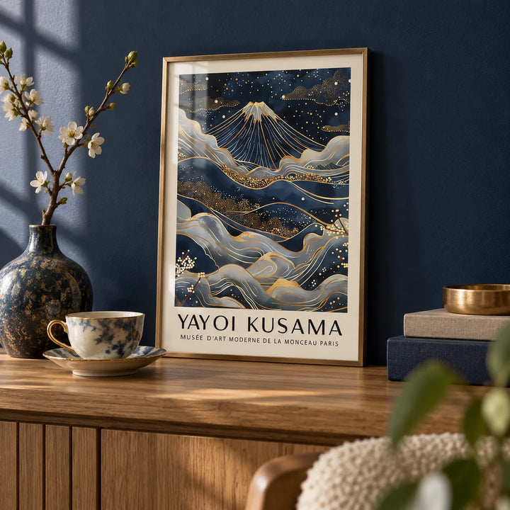 Posters from Japan, a small A4 framed print leaning on an oak shelf in a living room