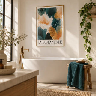 Posters of Autumn, framed on the wall of a calm bathroom with warm white walls