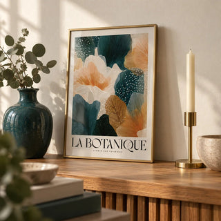 Posters of Autumn, a small A4 framed print leaning on an oak shelf in a living room