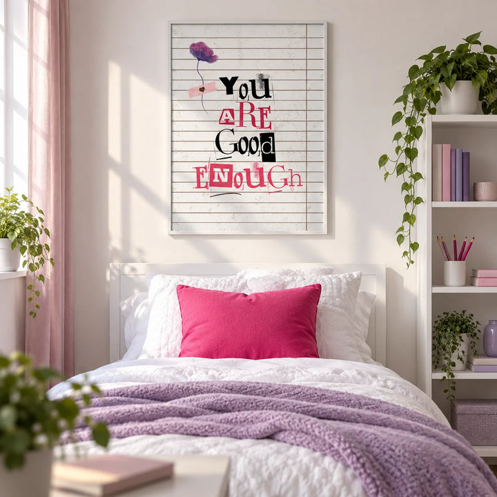 Posters of Positivity, framed on the wall of a pretty single bedroom for a teenage girl (13-17)