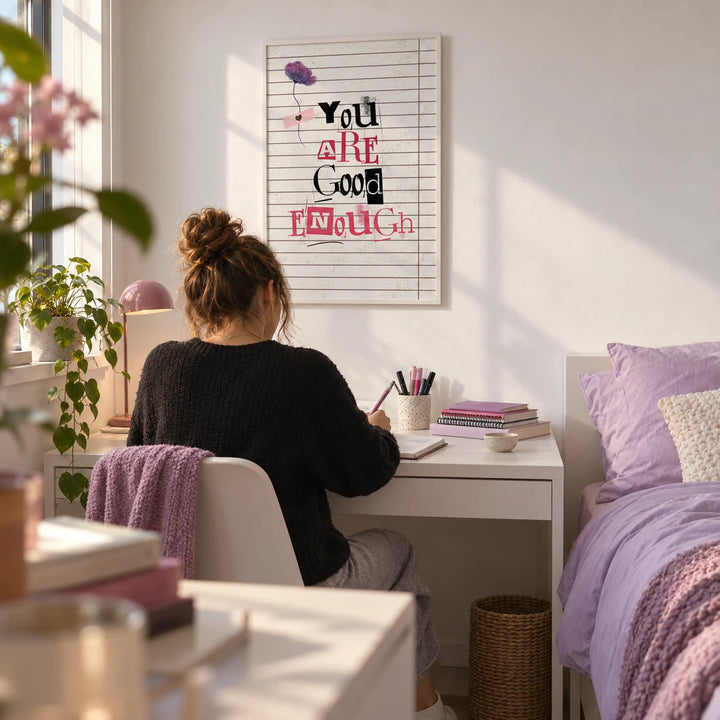 Posters of Positivity, framed on the wall of an uni room (18-21) with a white wall in a bedroom