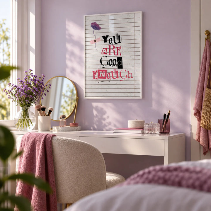 Posters of Positivity, framed on the wall of a young woman's dressing corner with a pale lilac wall