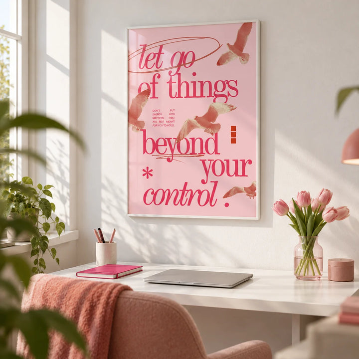 Posters with Inspirational Sayings, framed on the wall of a bright home office with a white wall