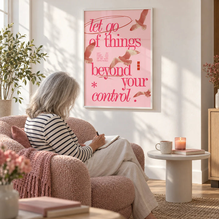 Posters with Inspirational Sayings, framed on the wall of a calm living room corner with a white wall