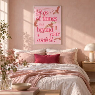 Posters with Inspirational Sayings, framed on the wall of a calm soft bedroom with a pale pink limewashed wall