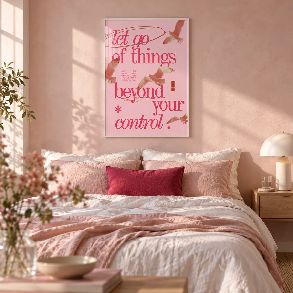 Posters with Inspirational Sayings, framed on the wall of a calm soft bedroom with a pale pink limewashed wall