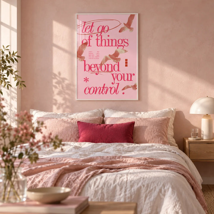 Posters with Inspirational Sayings, framed on the wall of a calm soft bedroom with a pale pink limewashed wall