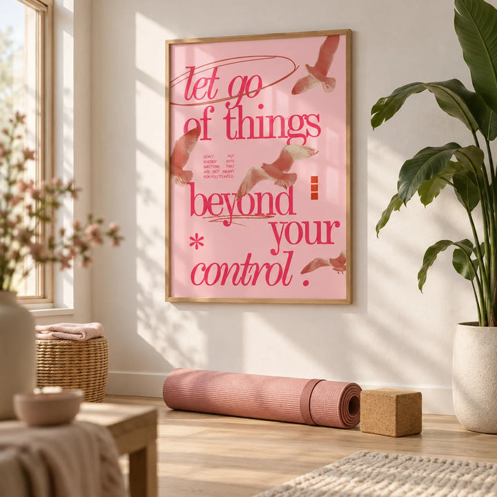 Posters with Inspirational Sayings, framed on the wall of a calm yoga corner in a flat with a white wall and a pale oak floor