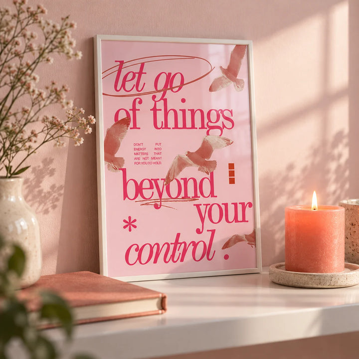 Posters with Inspirational Sayings, a small A4 framed print leaning on a white shelf in a living room