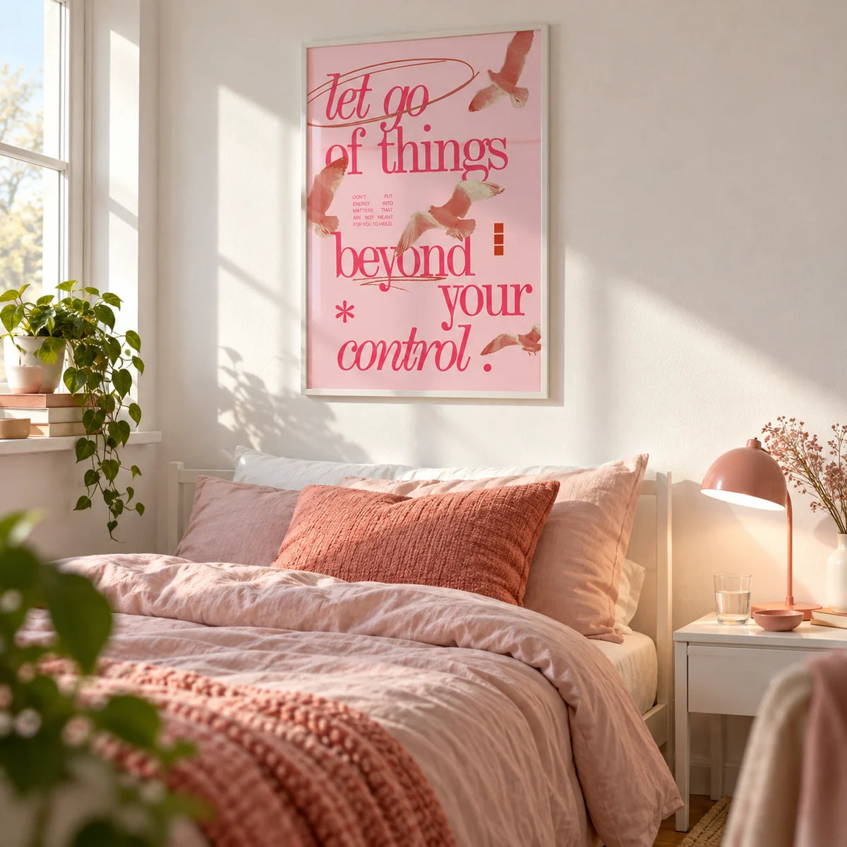 Posters with Inspirational Sayings, framed on the wall of an uni room (18-21) with a white wall in a bedroom
