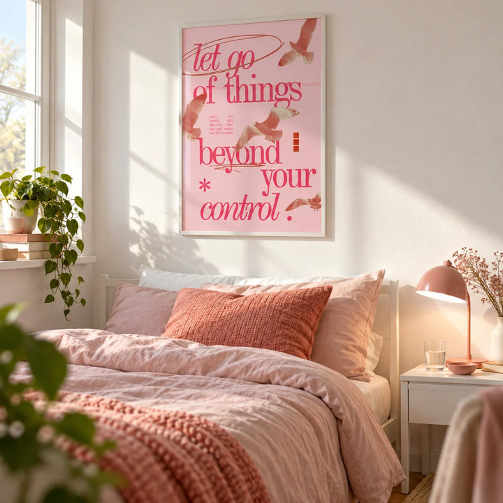 Posters with Inspirational Sayings, framed on the wall of an uni room (18-21) with a white wall in a bedroom