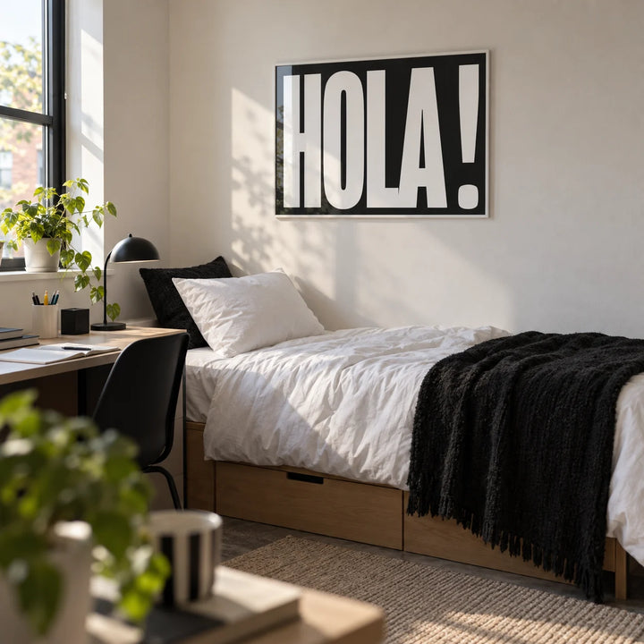 Posters with Typography, framed on the wall of a styled uni room (age 18-21) in a bedroom