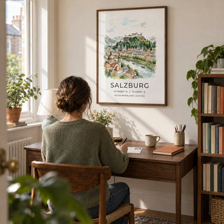 Prague City Wall Art, framed on the wall of a peaceful home study in a UK terraced house with a warm white wall and a low bookcase of neatly arranged books