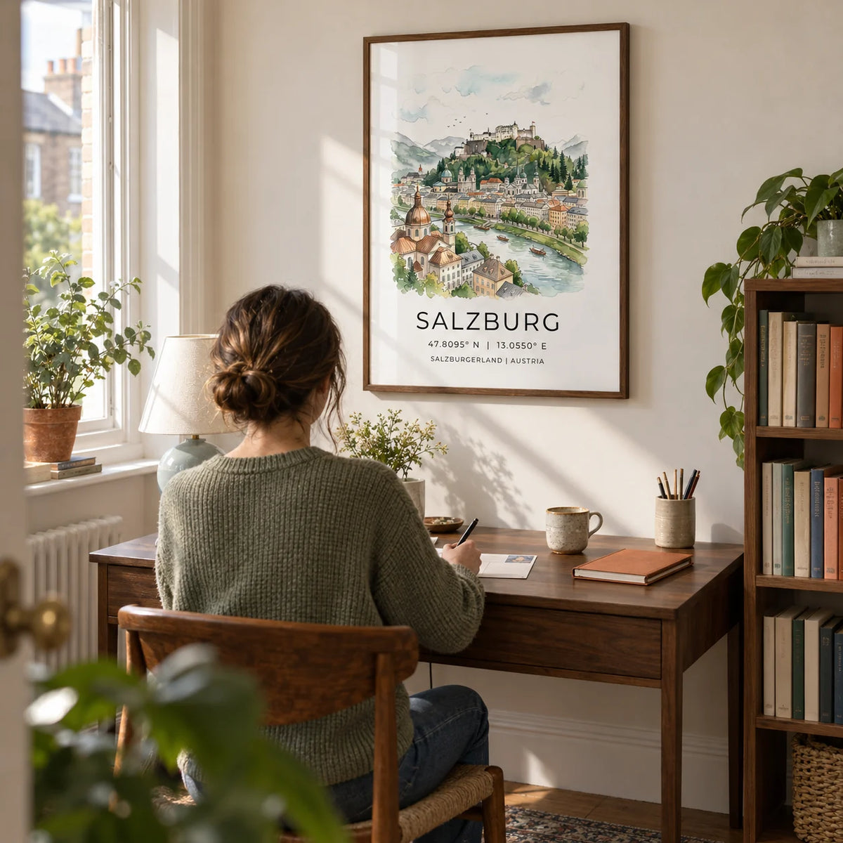 Prague City Wall Art, framed on the wall of a peaceful home study in a UK terraced house with a warm white wall and a low bookcase of neatly arranged books